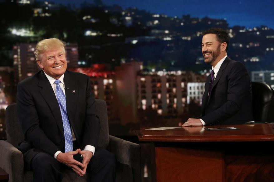 In this photo provided by ABC, Republican presidential candidate, Donald Trump, left, talks with host Jimmy Kimmel during a taping of the ABC television show, "Jimmy Kimmel Live!,” on Wednesday, May 25, 2016, in Los Angeles. Trump made an appearance as a guest, along with musical guest Greg Porter on the late night show, which airs every weeknight at 11:35 p.m. EST. (Randy Holmes/ABC via AP)