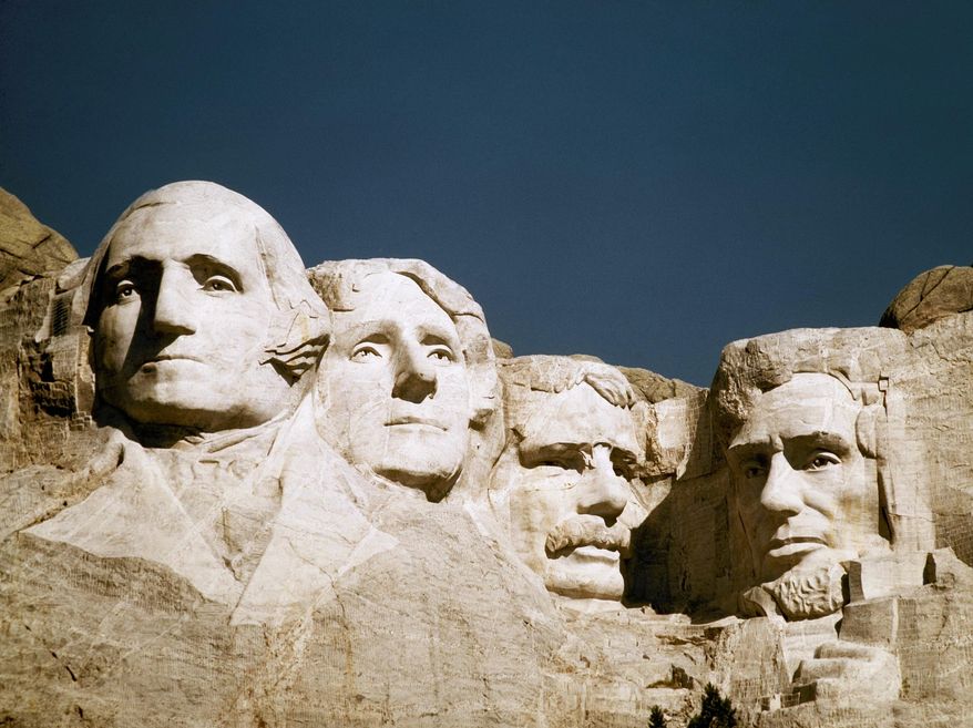 FILE - In this undated file photo, Mount Rushmore is shown in South Dakota. From left are George Washington, Thomas Jefferson, Teddy Roosevelt and Abraham Lincoln. The Partners in Preservation Campaign is asking the public to vote on 20 historic sites, including one at Mount Rushmore, that are vying for $2 million in preservation funding. The project at Mount Rushmore seeks $250,000 to restore structural elements of the Borglum View Terrace, where Rushmore sculptor Gutzon Borglum's original studio stood. (AP Photo, File)