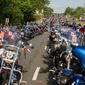 Hundreds of bikes line Route 50 outside of the Patriot Harley-Davidson in Fairfax as volunteers and riders prepare for the annual Ride of the Patriots in support of Rolling Thunder.