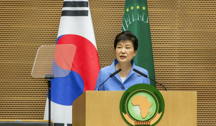 South Korea's President Park Geun-hye delivers a speech to the African Union in Addis Ababa, Ethiopia Friday, May 27, 2016. South Korea's president, who is on a three-nation visit to Africa, is urging African leaders to support international efforts seeking to denuclearize North Korea. (AP Photo/Mulugeta Ayene)