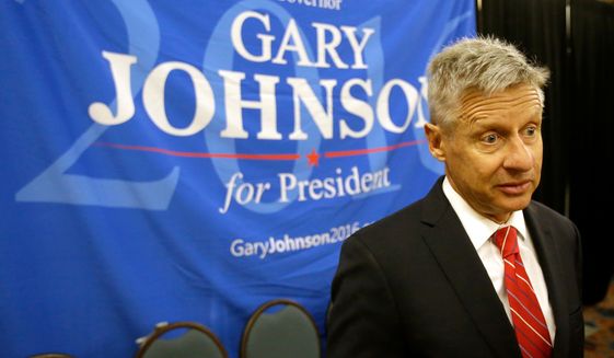 Libertarian presidential candidate Gary Johnson speaks to supporters and delegates at the National Libertarian Party Convention in Orlando, Fla., on May 27, 2016. (Associated Press) **FILE**