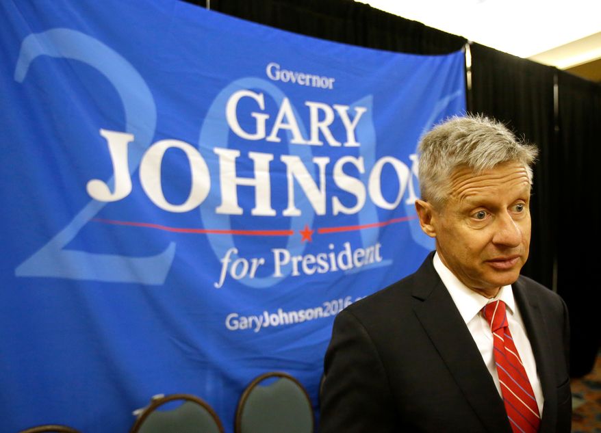 Libertarian presidential candidate Gary Johnson speaks to supporters and delegates at the National Libertarian Party Convention in Orlando, Fla., on May 27, 2016. (Associated Press) **FILE**