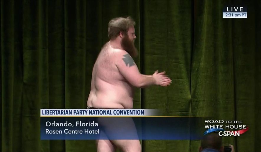 A candidate for Libertarian Party chair on Sunday danced and stripped down to his thong before leaving the stage amid a chorus of boos. (C-SPAN)