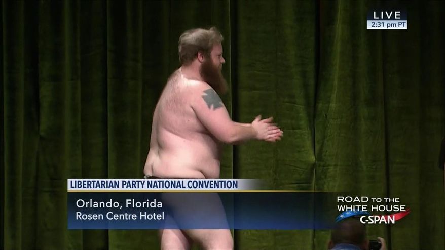 A candidate for Libertarian Party chair on Sunday danced and stripped down to his thong before leaving the stage amid a chorus of boos. (C-SPAN)