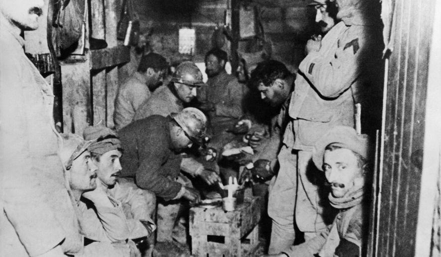FILE - This undated file photo taken during the First World War shows French soldiers resting inside the Fort de Vaux, one of the second fortress to fall in the Battle of Verdun, eastern France. (AP Photo, File)