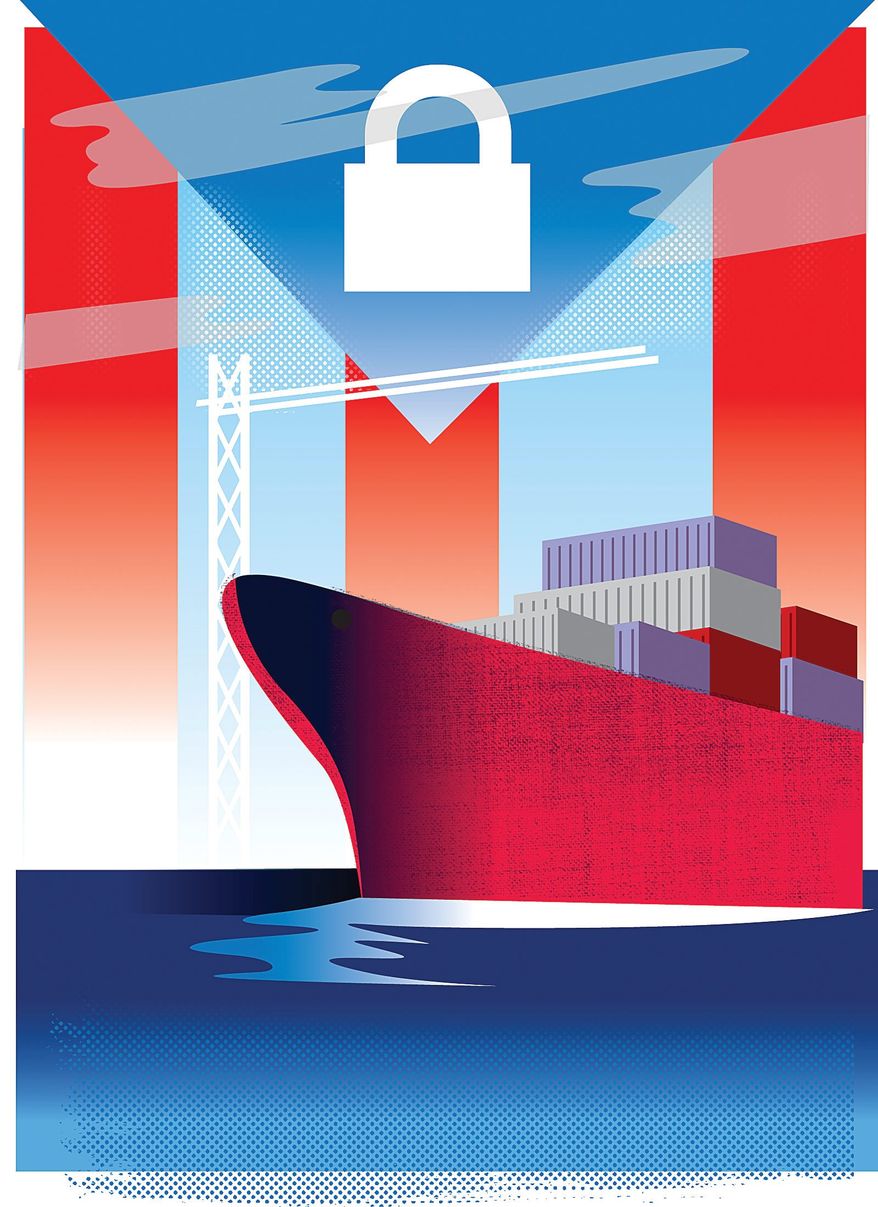 Illustration on the centrality of trade to national security by Linas Garsys/The Washington Times
