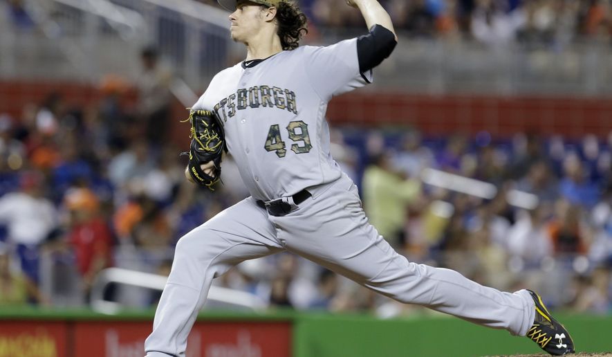 Pittsburgh Pirates&#39; Jeff Locke (49) pitches against the Miami Marlins during the fourth inning of a baseball game, Monday, May 30, 2016, in Miami. (AP Photo/Alan Diaz)