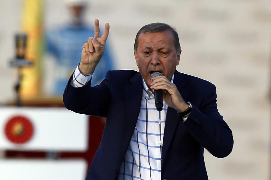 Turkey&#x27;s President Recep Tayyip Erdogan addresses a rally marking the 563rd anniversary of the Ottoman conquest of Istanbul -  formerly Constantinople - in Istanbul, Turkey, Sunday, May 29, 2016. Erdogan has criticized the United States, Russia and Iran for their presence in Syria and said their unwillingness to depose Syrian President Bashar Assad was contributing to Syrian peoples&#x27; massacre and pain.(AP Photo/Emrah Gurel)