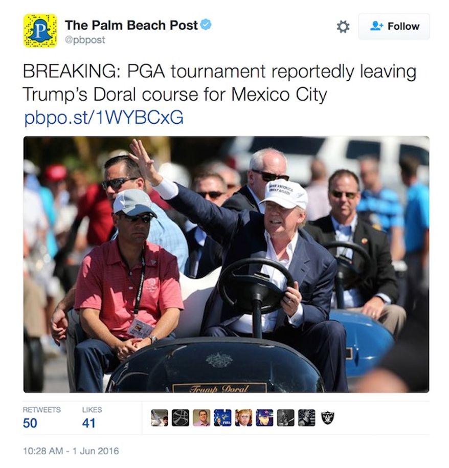 The PGA is moving the World Golf Championships-Cadillac Championship at Trump National Doral from Florida to Mexico City. The event has been held in Florida since 1962. (Twitter, The Palm Beach Post)