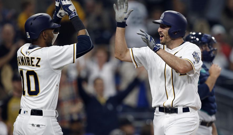 San Diego Padres&#39; Alexei Ramirez, left, congratulates Adam Rosales on the latter&#39;s two-run home run against the Seattle Mariners during the first inning of a baseball game in San Diego, Wednesday, June 1, 2016. (AP Photo/Alex Gallardo)