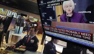Federal Reserve Chair Janet Yellen&#39;s speech in Philadelphia is broadcast on the floor of the New York Stock Exchange, Monday, June 6, 2016. (AP Photo/Richard Drew)
