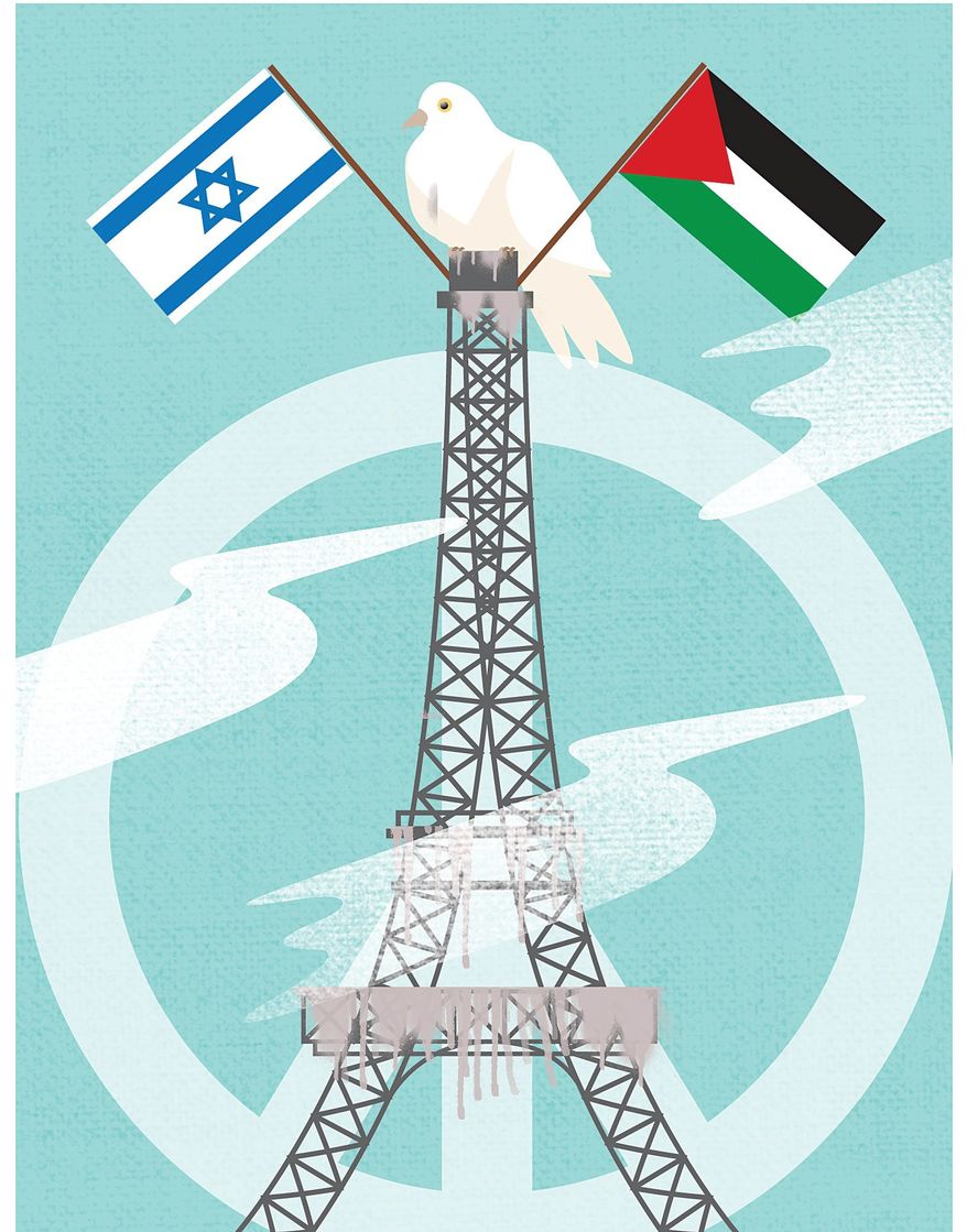 Illustration on the dreams and realities of the Paris Middle-East peace process by Linas Garsys/The Washington Times