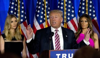 Republican presidential candidate Donald Trump is joined by his daughter Ivanka, left, and wife Melania as he speaks during a news conference at the Trump National Golf Club Westchester, Tuesday, June 7, 2016, in Briarcliff Manor, N.Y. (AP Photo/Mary Altaffer)