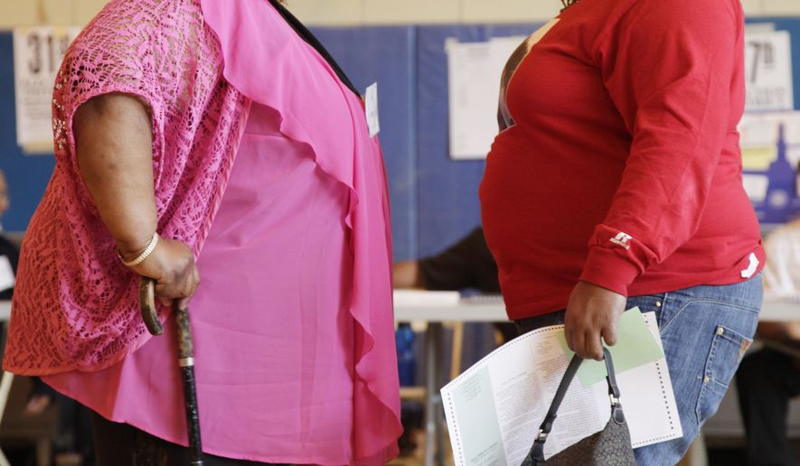 **FILE** - In this June 26, 2012 file photo, two women converse in New York. The nation's obesity epidemic continues to grow, led by an alarming increase among women. For the first time, more than 4 in 10 U.S. women are obese, according to statistics released by the Centers for Disease Control and Prevention on Tuesday, June 7, 2016. (AP Photo/Mark Lennihan)