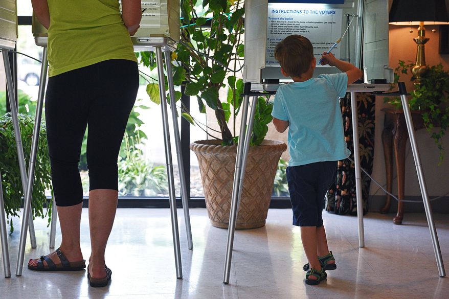 Trig Dommer, 4, of Sioux Falls, checks out the voting booth next to his mom Naomi Dommer as she fills out her ballot during the South Dakota Primary Election, Tuesday, June 7, 2016, at Westminster Presbyterian Church in Sioux Falls, S.D. (Joe Ahlquist/Argus Leader via AP)