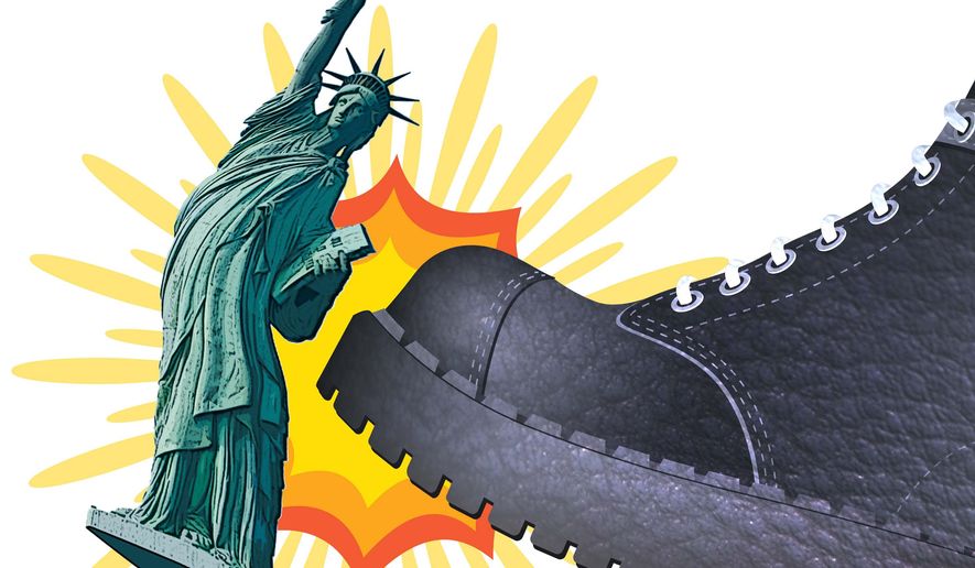 Miss Liberty Gets the Boot Illustration by Greg Groesch/The Washington Times