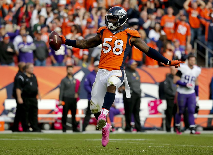 FILE - In this Oct. 4, 2015, file photo, Denver Broncos outside linebacker Von Miller celebrates after sacking Minnesota Vikings quarterback Teddy Bridgewater during an NFL football game in Denver. A person familiar with the matter tells The Associated Press that Super Bowl MVP Von Miller's camp has rejected a contract proposal that would have made him the highest-paid non-quarterback in NFL history. (AP Photo/Jack Dempsey, File)