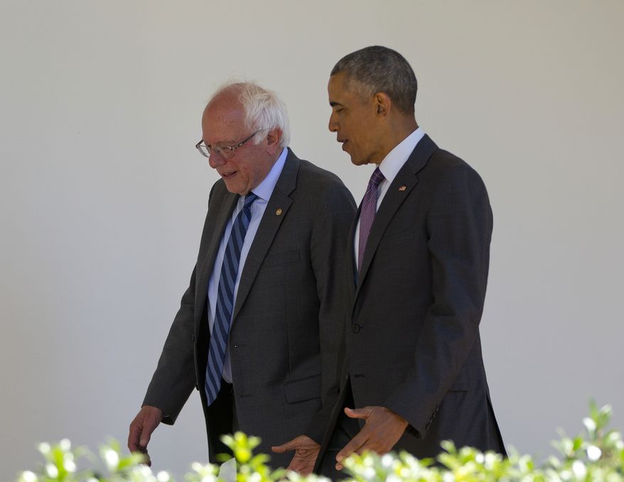 President Barack Obama walks with Democratic presidential candidate Sen. Bernie Sanders, I-Vt., down the Colonnade of the White House in Washington, Thursday, June 9, 2016. (AP Photo/Pablo Martinez Monsivais)