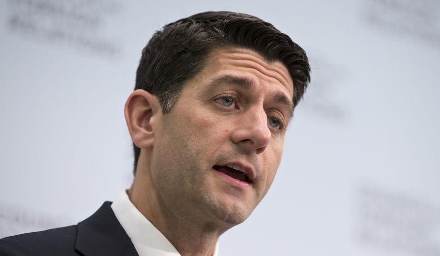 House Speaker Paul Ryan, Wisconsin Republican, speaks at the Council on Foreign Relations in Washington on June 9, 2016, to unveil the national security plank of the Republican agenda and discuss recommendations from their Congressional National Security Task Force. (Associated Press) **FILE**