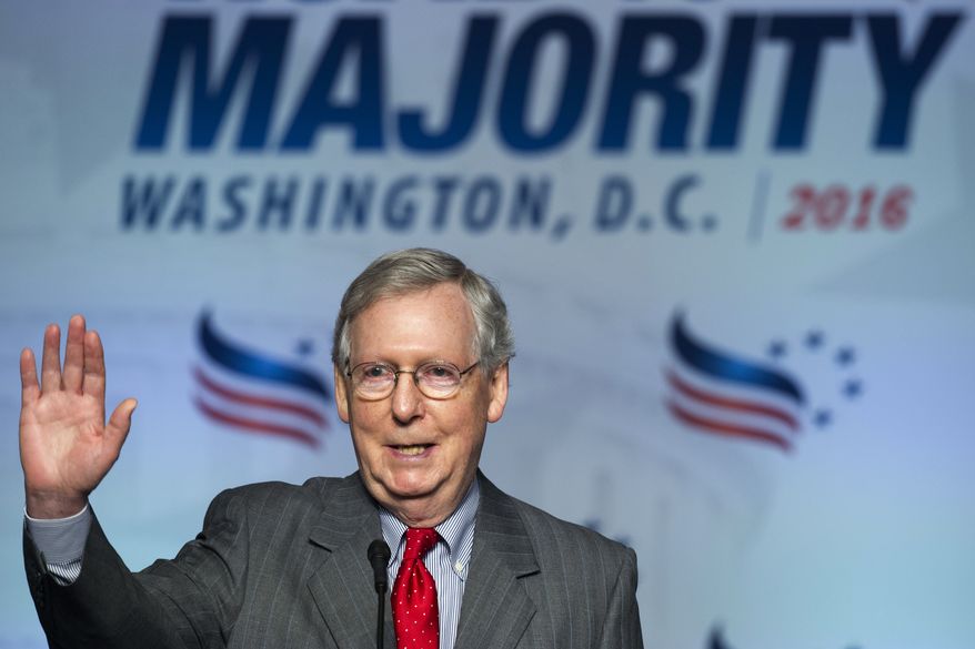 Senate Majority Leader Mitch McConnell of Ky. addresses the Road to Majority Conference in Washington, Friday, June 10, 2016. (AP Photo/Cliff Owen)