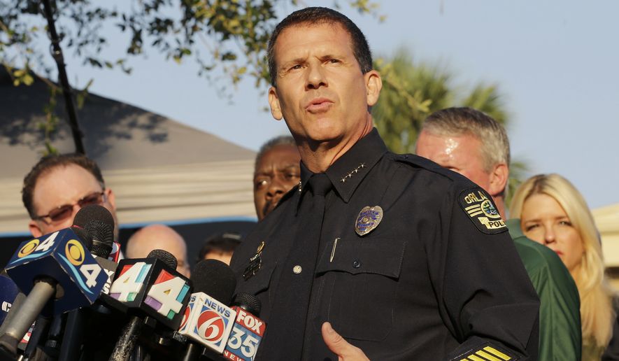 Orlando Police Chief John Mina describes the details of the fatal shootings at the Pulse Orlando nightclub during a media briefing Monday, June 13, 2016, in Orlando, Fla. (AP Photo/Chris O&#x27;Meara)