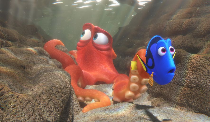 This image released by Disney shows the characters Hank, voiced by Ed O'Neill, left, and Dory, voiced by Ellen DeGeneres, in a scene from "Finding Dory." (Pixar/Disney via AP)