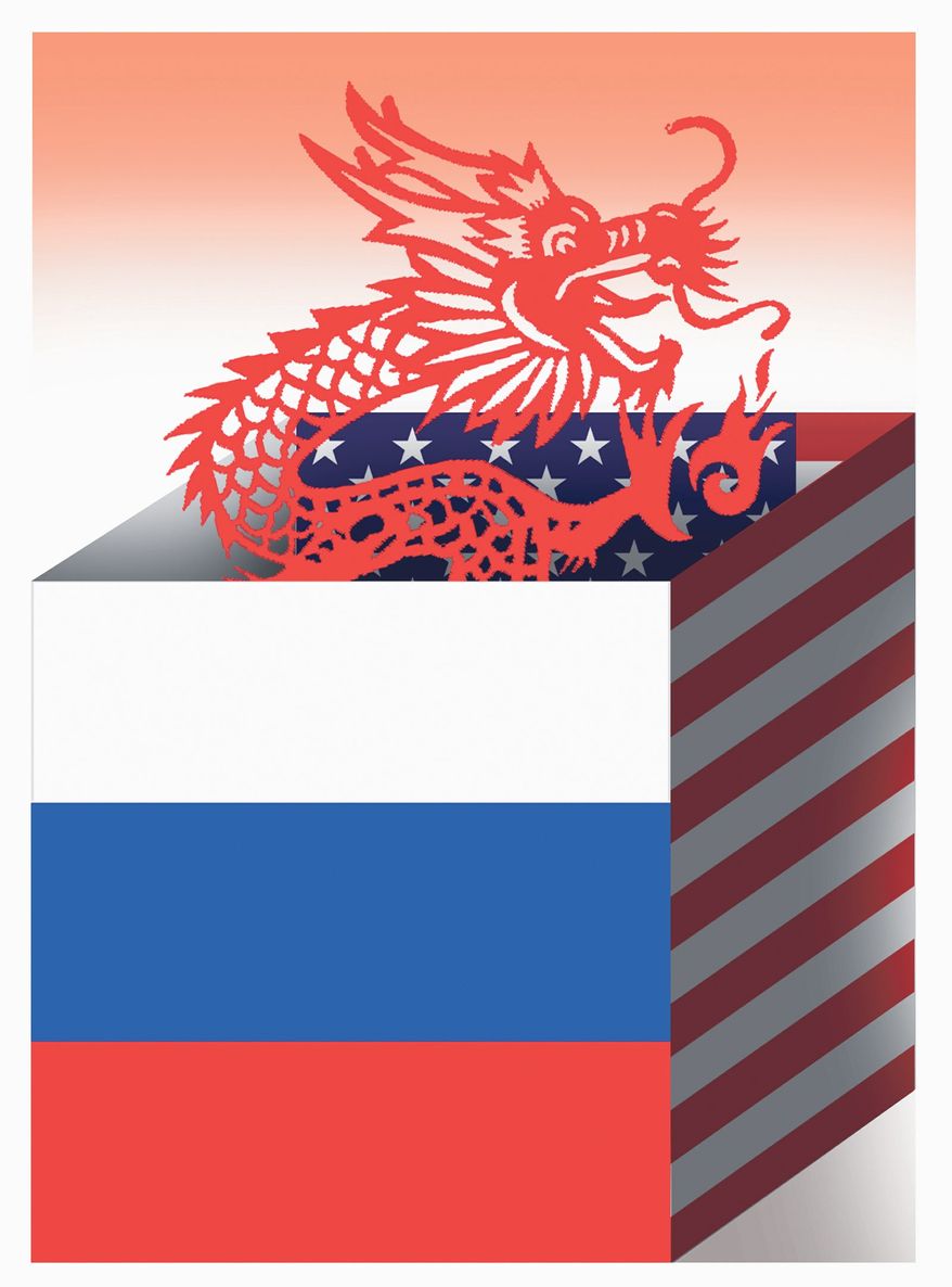 Illustration on U.S./Russian cooperation in containing China by Alexander Hunter/The Washington Times