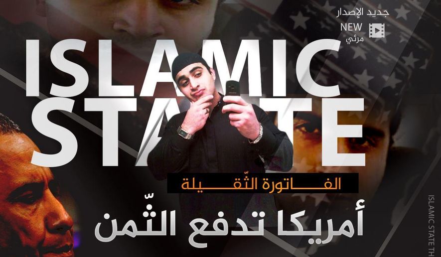 It took just a few hours for the Islamic State group’s opportunistic propaganda machine to take responsibility for recent bloodshed in Florida and France. The Arabic text reads: “The large bill. America is paying the price.” (Associated Press)