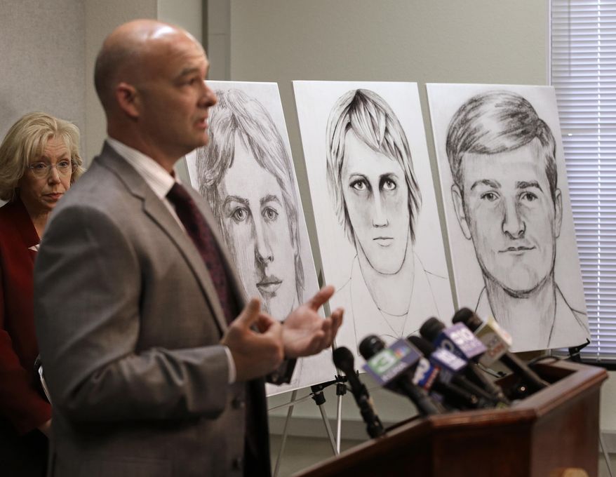 Law enforcement drawings of a suspected serial killer believed to have committed at least 12 murders across California in the 1970's and 1980's are seen as Sgt. Paul Belli, second from left, of the Sacramento County Sheriff's Department homicide bureau, discusses the case at a news conference Wednesday, June 15, 2016, in Sacramento, Calif. Authorities announced a $50,000 reward for the arrest and conviction of the person that along with murder, is suspected of committing at least 45 rapes and dozens of burglaries. (AP Photo/Rich Pedroncelli)