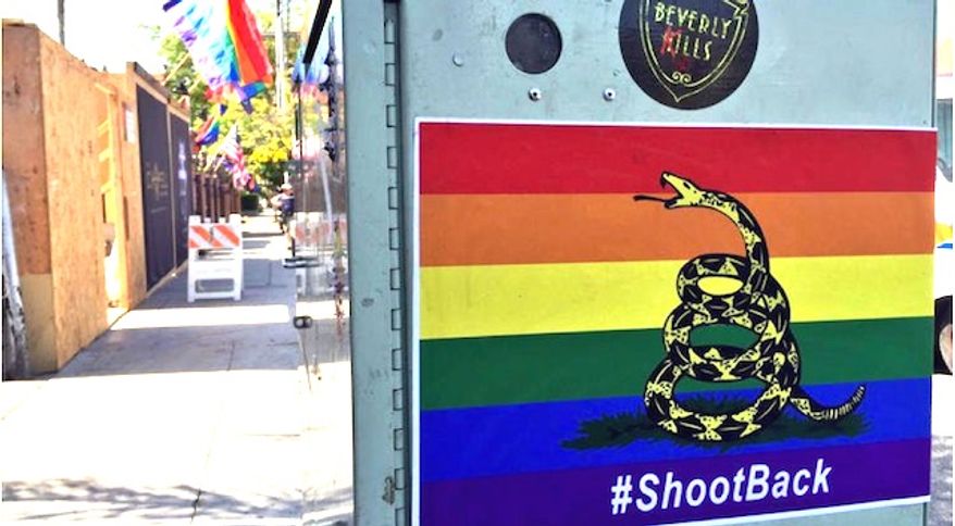 A new take on the Gadsden flag is showing up in West Hollywood, Calif., which urges the LGBT community to arm itself for self defense. (KTLA-5 screenshot)