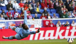D.C. United goalkeeper Bill Hamid dives for a shot by the New York Red Bulls during the first half of an MLS playoff soccer match, Sunday, Nov. 8, 2015, in Harrison, N.J. The shot went wide of the goal. (AP Photo/Julio Cortez)