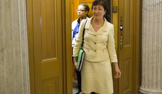 Sen. Susan Collins, R-Maine, arrives for a vote on Capitol Hill in Washington on June 20, 2016. A divided Senate hurtled Monday toward an election-year stalemate over curbing guns, eight days after Orlando&#x27;s mass shooting horror intensified pressure on lawmakers to act but left them gridlocked anyway  even over restricting firearms for terrorists. (Associated Press) **FILE**