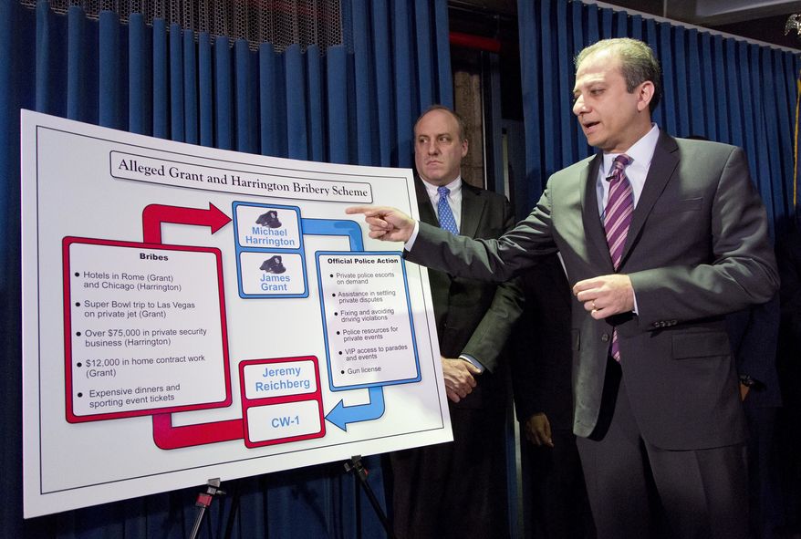 U. S. Attorney Preet Bharara points to a chart as he announces the arrest of four people in connection with New York City's ongoing corruption probe, Monday, June 20, 2016, in New York. Two high-ranking New York Police Department officials and a police sergeant who oversaw gun license applications were among the latest arrests in a case that has cast a cloud over the nation's largest municipal police force. (AP Photo/Mark Lennihan)