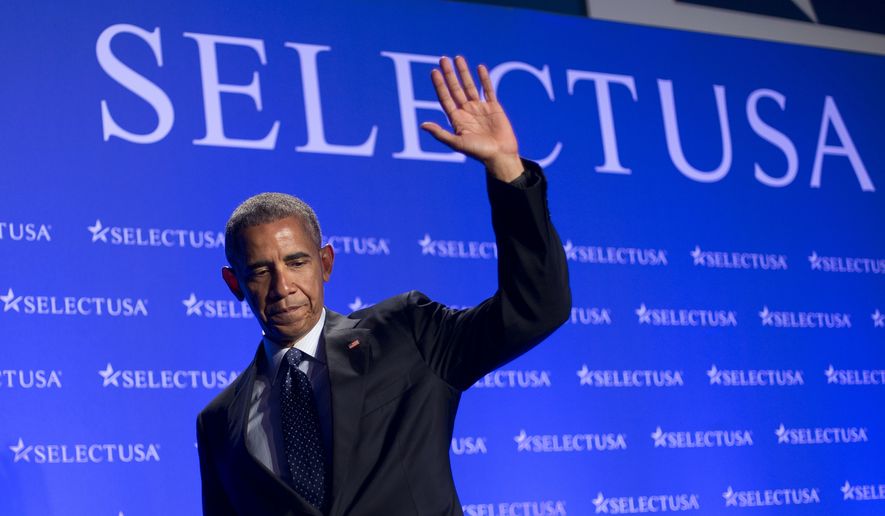 President Barack Obama waves as he walks off stage after speaking at the SelectUSA Investment Summit in Washington, Monday, June 20, 2016. (AP Photo/Pablo Martinez Monsivais)