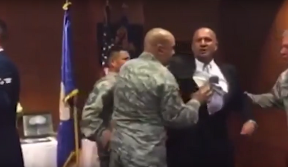 A video posted by legal organization First Liberty Institute purportedly shows Air Force veteran Oscar Rodriguez being removed from a flag-folding ceremony on a California Air Force base for mentioning God in a speech. **FILE**