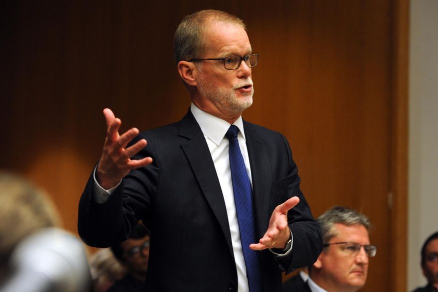 James Voghts, attorney for Remington Arms, speaks in Superior Court in Bridgeport, Conn., Monday, June 20, 2016. Superior Court Judge Barbara Bellis heard arguments brought to dismiss a wrongful death lawsuit against a rifle maker Remington Arms over the Sandy Hook Elementary School massacre. A total of 20 first-graders and six adults were fatally shot with an AR-15-style Bushmaster rifle made by Remington. (Ned Gerard/The Connecticut Post via AP, Pool)