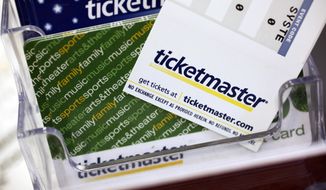 In this May 11, 2009, file photo, Ticketmaster tickets and gift cards are shown at a box office in San Jose, Calif. (AP Photo/Paul Sakuma, File)