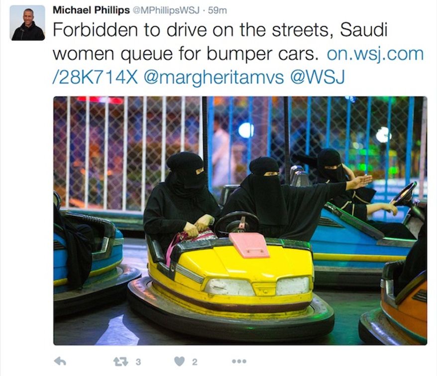 Women in Saudi Arabia are so desperate to experience what it feels like to drive that they flock to ladies-only bumper car night at amusement parks. (Twitter, Wall Street Journal reporter Michael Phillips)