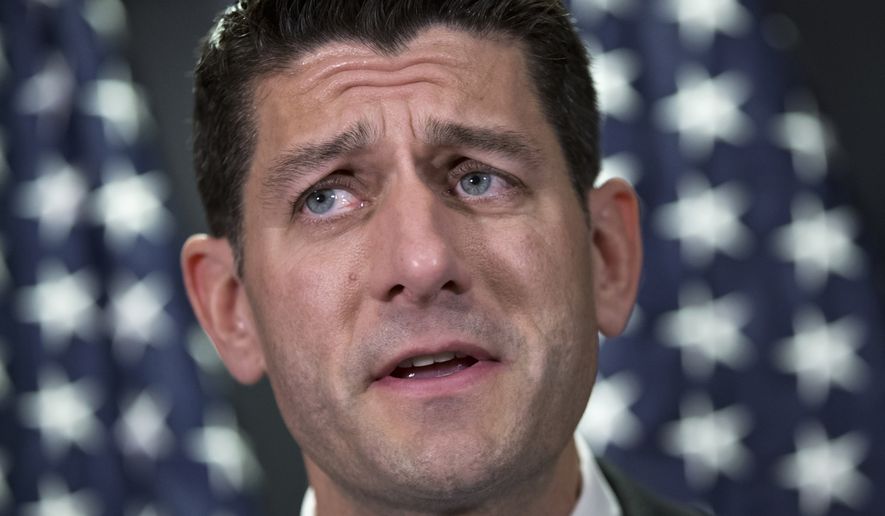 In this June 14, 2016, photo, House Speaker Paul Ryan of Wis., talks to reporters at the Republican National Committee headquarters on Capitol Hill in Washington. House Republicans are unveiling new proposals to repeal and replace President Barack Obama’s health care law. The plan being released Wednesday is part of Ryan’s so-called Better Way agenda meant to show how the GOP would govern with a Republican in the White House.  (AP Photo/J. Scott Applewhite)