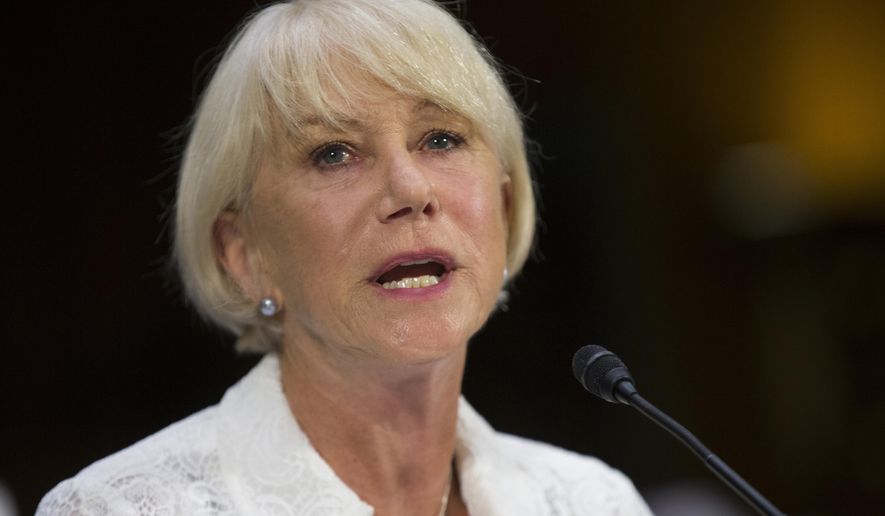 FILE - In a Tuesday, June 7, 2016 file photo, actress Dame Helen Mirren testifies on Capitol Hill in Washington, during a Senate Judiciary subcommittee hearing on the Holocaust Expropriated Art Recovery Act. Mirren said Wednesday, June 22, 2016, that she was a "believer" in Israel and rejected efforts to boycott it. Mirren is in Israel to host the Genesis Prize, an award known as "the Jewish Nobel," which is being awarded to Israeli-American violinist Itzhak Perlman for his accomplishments as a musician, teacher and advocate for the disabled. (AP Photo/Evan Vucci, File)