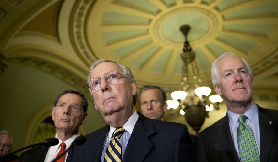 Majority Leader Mitch McConnell of Ky., second from left, accompanied by, from left, Sen. John Barrasso, R-Wyo., Sen. John Thune, R-S.D., and Senate Majority Whip John Cornyn of Texas, listen to a question during a news conference on Capitol Hill in Washington, Tuesday, June 21, 2016, following their policy luncheon.  (AP Photo/Alex Brandon)