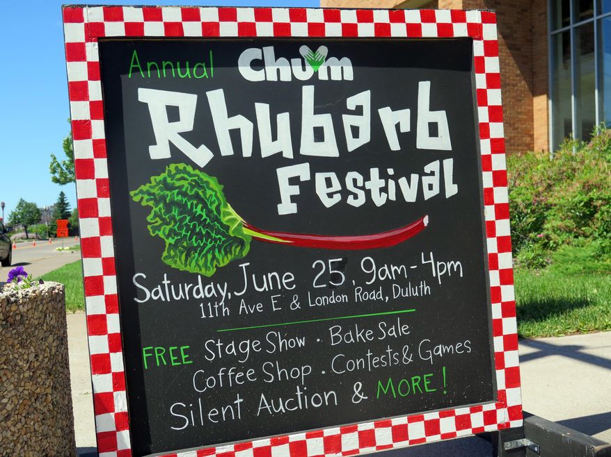 A Rhubarb Festival sign stands outside First Lutheran Church in Duluth, Wednesday, June 22, 2016 in Duluth, Minn. Rhubarb tops the menu for Duluth this weekend when the city’s annual Rhubarb Festival begins on Saturday, June 25. (Dan Kraker/Minnesota Public Radio via AP) MANDATORY CREDIT