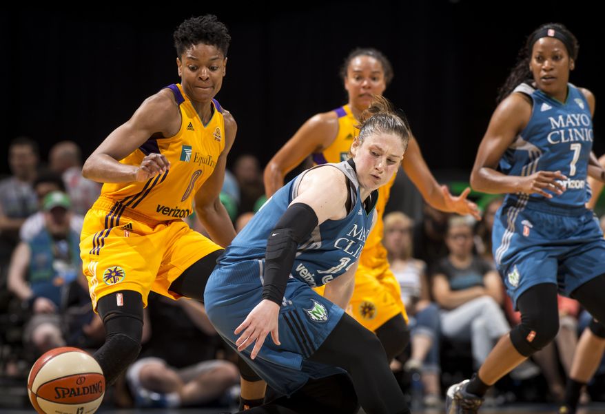 Los Angeles Sparks guard Alana Beard, left, knocks the ball loose while defending Minnesota Lynx guard Lindsay Whalen (13) during the second quarter of a WNBA basketball game Friday, June 24, 2016, in Minneapolis. (Aaron Lavinsky/Star Tribune via AP) MANDATORY CREDIT