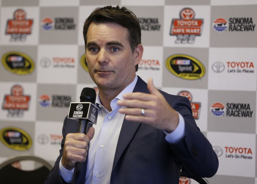 Jeff Gordon gestures during a media conference prior to the qualifying session for the NASCAR Sprint Cup Series auto race on Saturday, June 25, 2016, in Sonoma, Calif. Jeff Gordon is open to succeeding Michael Strahan as Kelly Ripa's new "Live" co-host, so long as he could continue his new job as a NASCAR analyst. Gordon is calling his final race of the season Sunday for Fox Sports and then will head into the first significant downtime of his professional career. The four-time NASCAR champion is in his first year in the broadcast booth. He insisted Saturday he'll be back next year when Fox resumes coverage of the first half of the season. (AP Photo/Ben Margot)