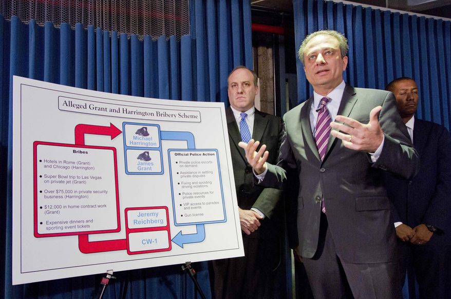 FILE- In this June 20, 2016 file photo, U. S. Attorney Preet Bharara, front right, gestures next to a chart during a news conference in New York, as he announces the arrest of four people in connection with New York City's ongoing corruption probe. A corruption probe at the New York Police Department has drawn attention to the lengths people will go to; prosecutors say even bribery, to get a pistol license in a city with some of the nation's toughest gun laws. (AP Photo/Mark Lennihan, File)