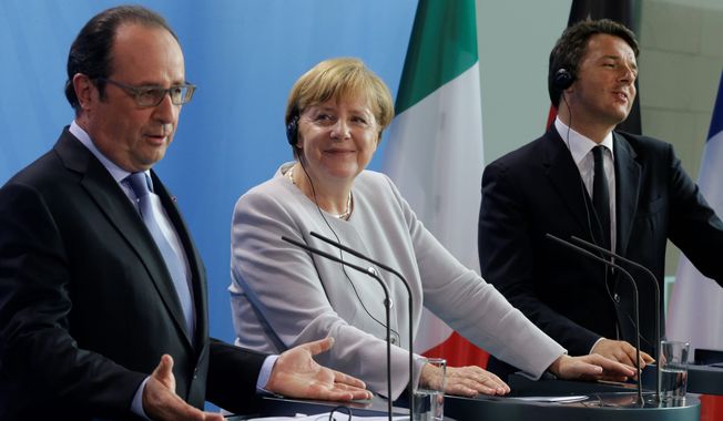 President of France Francois Hollande (left), German Chancellor Angela Merkel and Italian Prime Minister Matteo Renzi said they agreed there will be no formal or informal talks until the British government formally declares its intention to quit the European Union. (Associated Press)