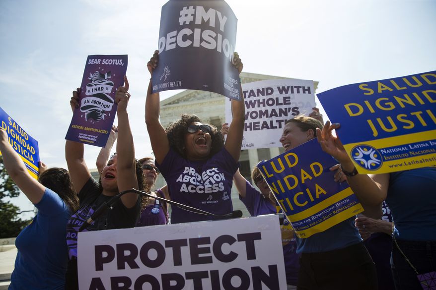 Pro-choice activists celebrate during a rally at the Supreme Court in Washington, Monday, June 27, 2016, after the court struck down Texas&#x27; widely replicated regulation of abortion clinics. The justices voted 5-3 in favor of Texas clinics that had argued the regulations were a thinly veiled attempt to make it harder for women to get an abortion in the nation&#x27;s second-most populous state. (AP Photo/Evan Vucci)