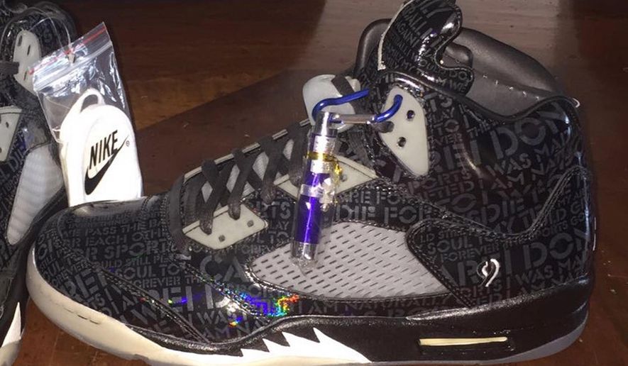 This June 7, 2016 photo taken in Baltimore, Md., courtesy of Adam Jones show Baltimore Orioles center fielder Jones&#x27; Doernbecher 5 Jordans, which were designed by a 12-year-old boy who died of a heart attack before they were released. His collection of Jordans are his prized possessions and the jewels of his wardrobe. The Doernbecher Jordans, are named after the acclaimed Doernbecher Children&#x27;s Hospital in Portland, Ore. (Adam Jones via AP)