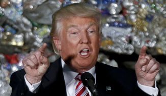 Republican presidential candidate Donald Trump speaks during a campaign stop, Tuesday, June 28, 2016, at Alumisource, a metals recycling facility in Monessen, Pa. (AP Photo/Keith Srakocic)