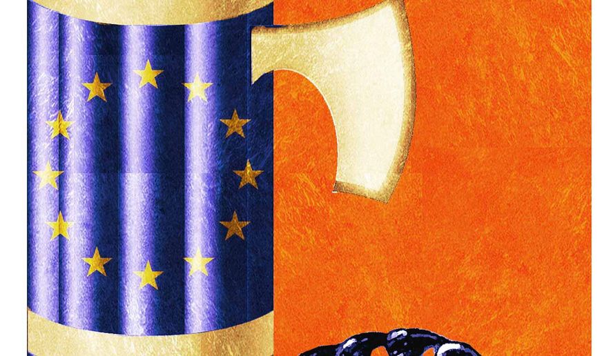 Illustration on the British exit from the EU by Alexander Hunter/The Washington Times